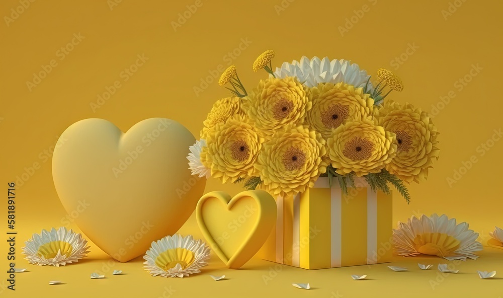  a yellow box with flowers and a heart on a yellow background with daisies and petals around it, wit