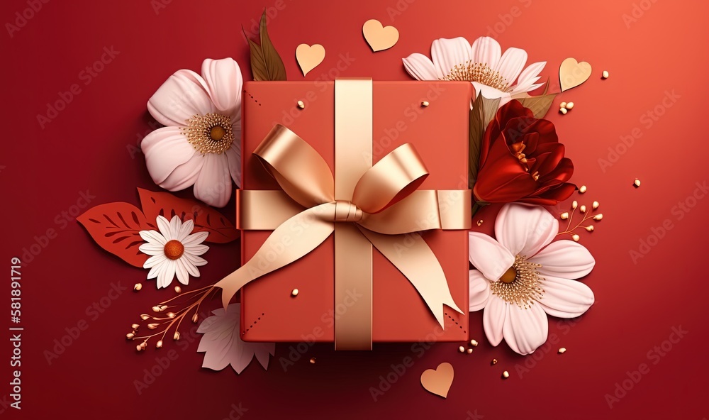  a red gift box with a gold ribbon and a bow with flowers around it on a red background with hearts 