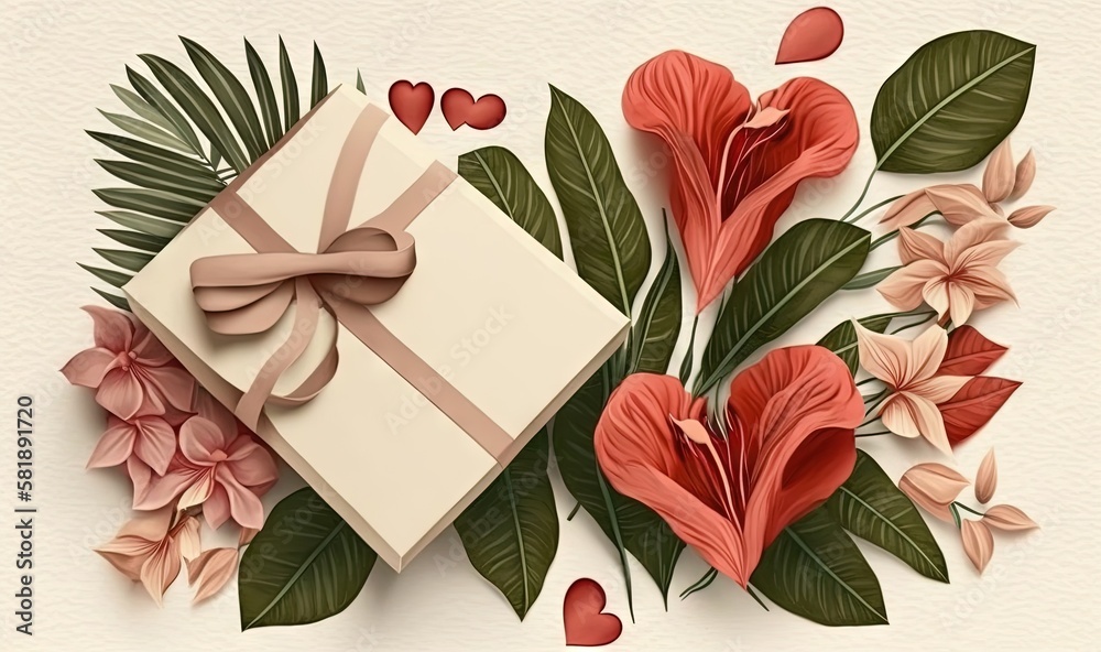  a gift box with a bow and flowers on a white background with a red ribbon and a bow on the top of t