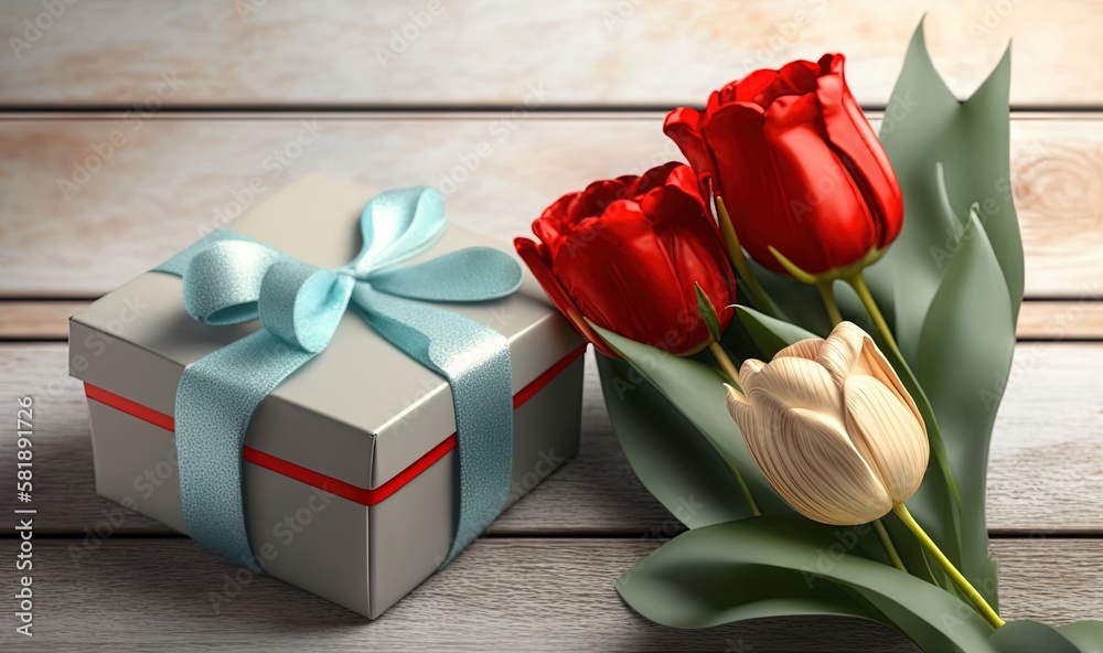  a gift box with a blue ribbon and two red tulips with a bow on a wooden table with a wooden backgro