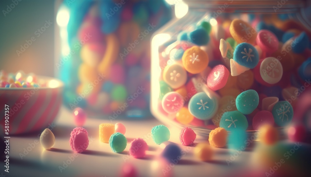 Lots of multi-colored candies with a blurred background and soft lighting