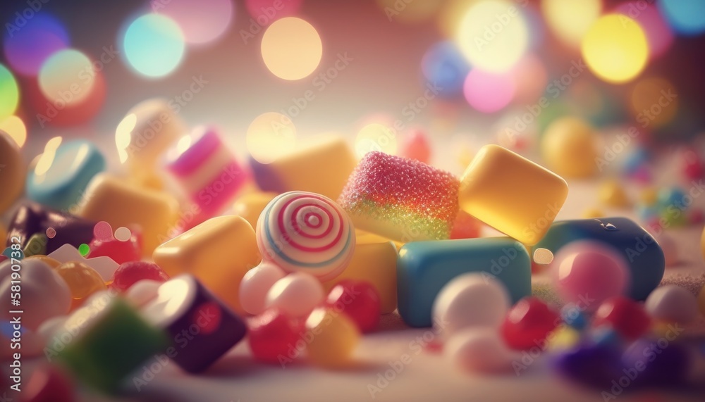 Lots of multi-colored candies with a blurred background and soft lighting