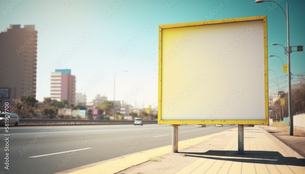 Empty billboard in city, bright day, blur background Mockup