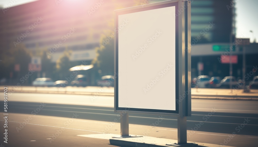 Empty billboard in city, bright day, blur background Mockup