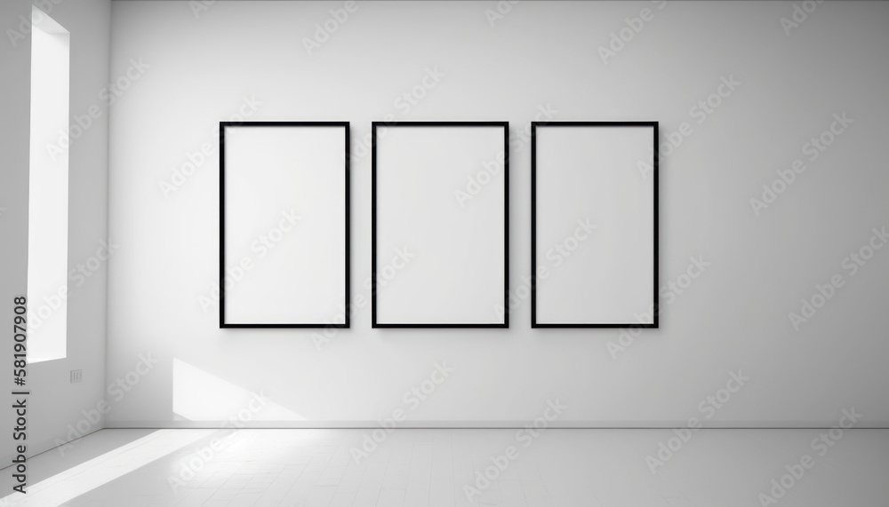 Empty three white-black frames on a white wall in the room. Mockup