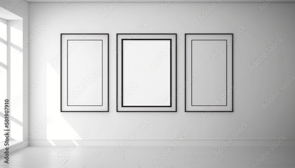 Empty three white-black frames on a white wall in the room. Mockup