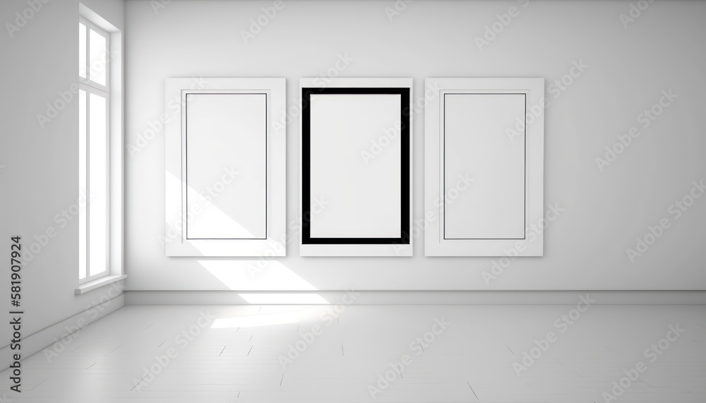 Empty three white-black frames on a white wall in the room. Mockup