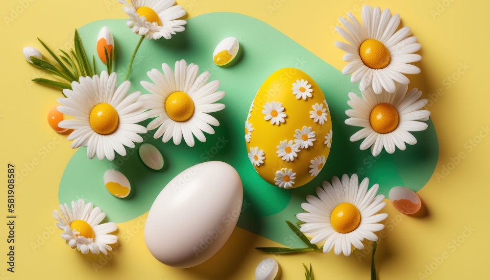 Happy Easter holiday background. Colorful eggs and camomile