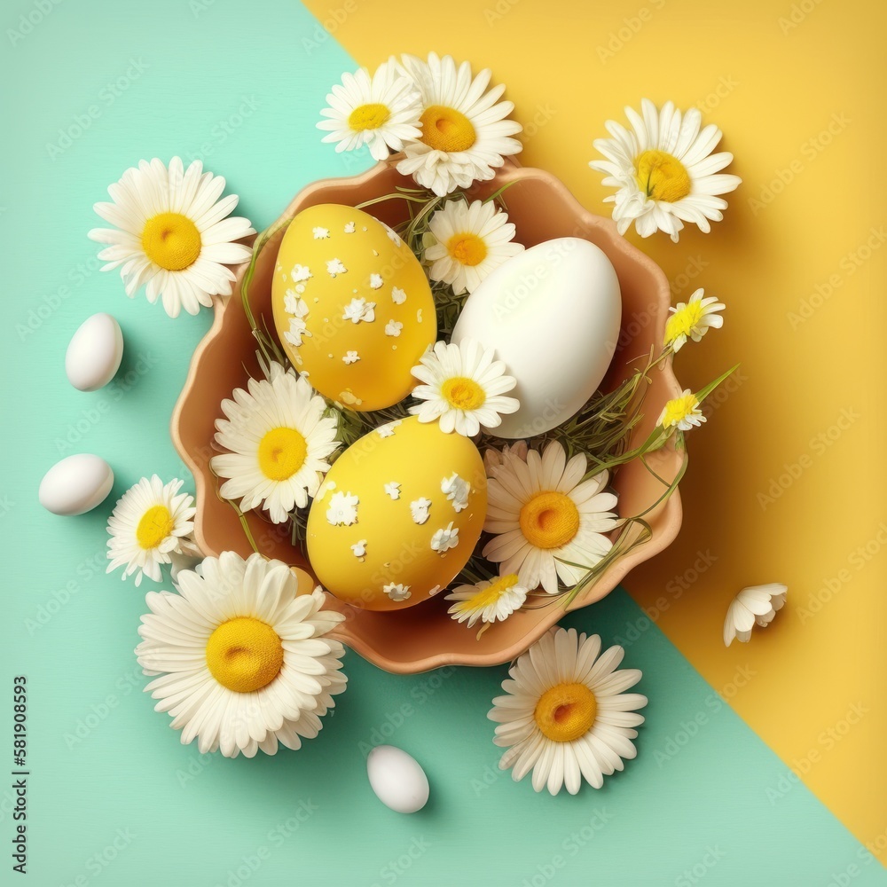 Happy Easter holiday background. Colorful eggs and camomile