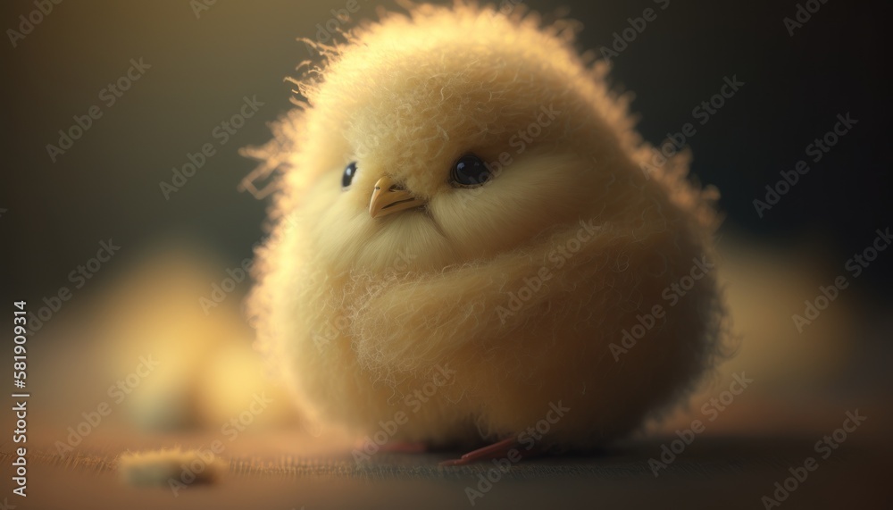 Cute plush toy chick, sits, soft warm lighting, background blur