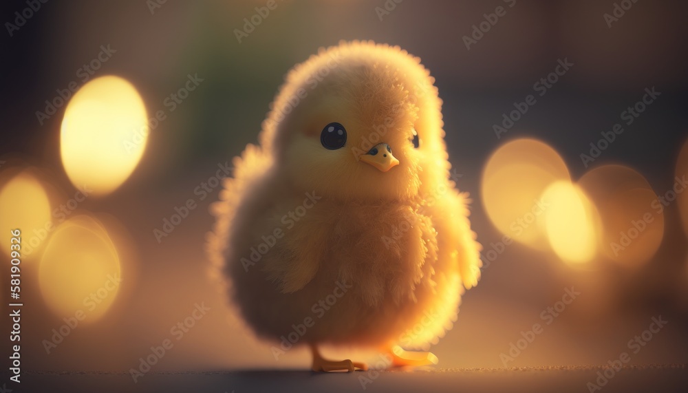 Cute plush toy chick, sits, soft warm lighting, background blur