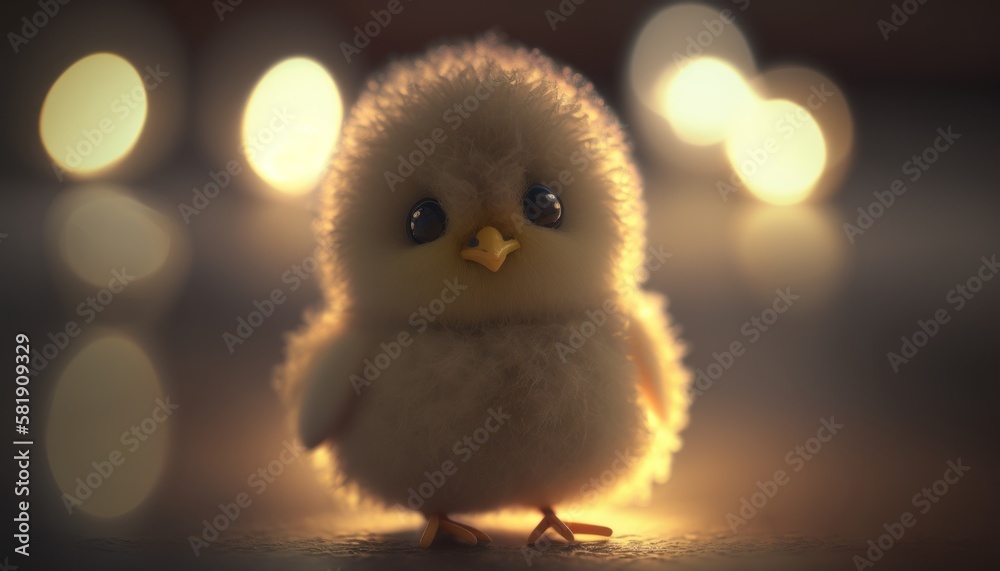 Cute plush toy chick, sits, soft warm lighting, background blur