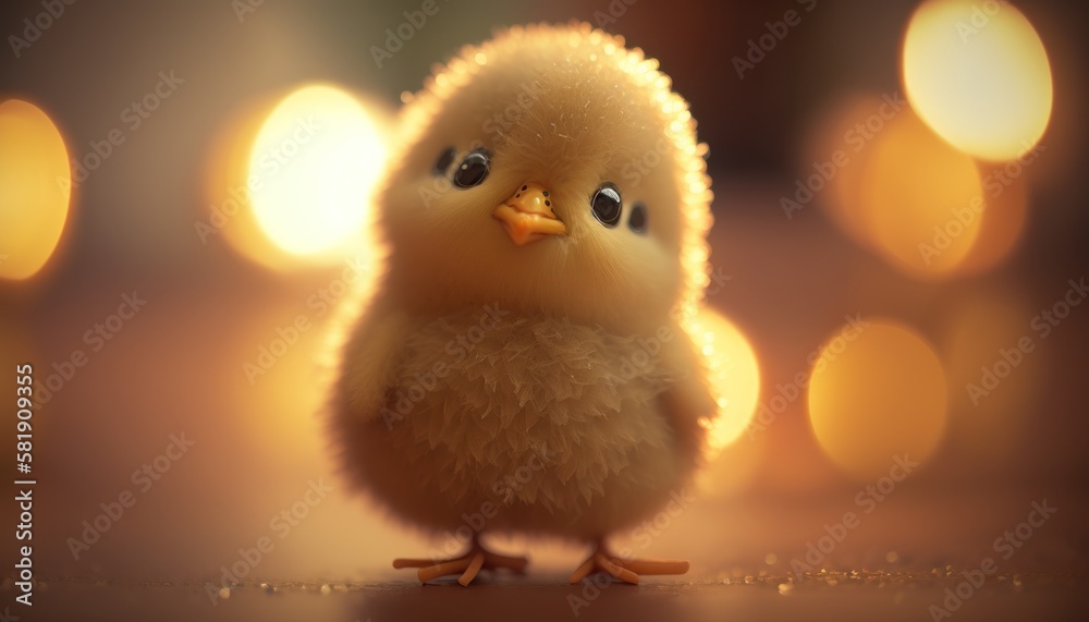 Cute plush toy chick, sits, soft warm lighting, background blur