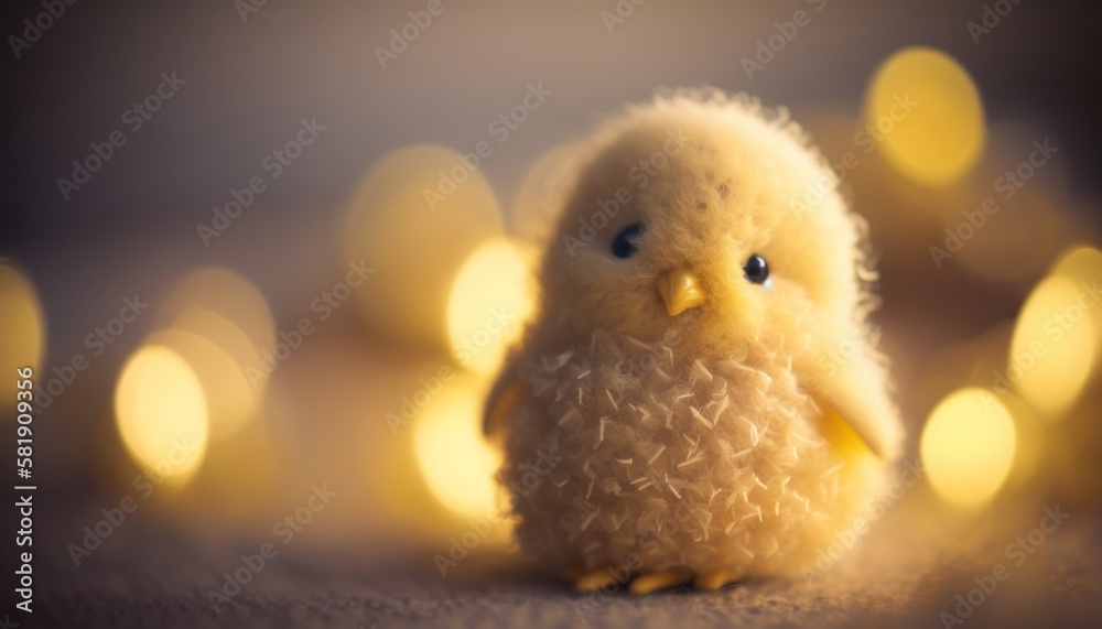 Cute plush toy chick, sits, soft warm lighting, background blur