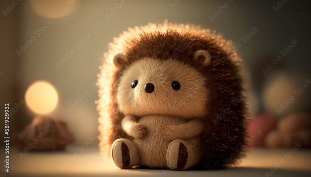 Cute plush toy hedgehog, sits, soft warm lighting, background blur