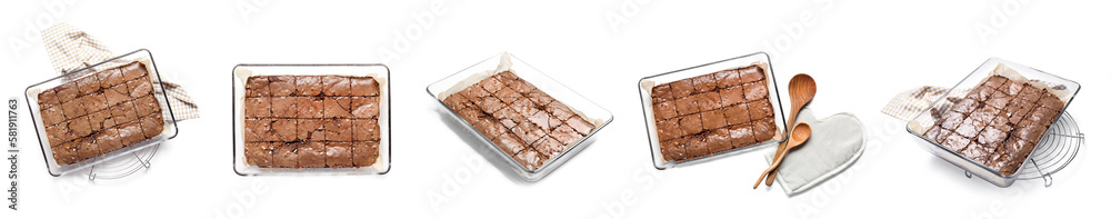 Collage of baking dish with tasty chocolate brownie isolated on white