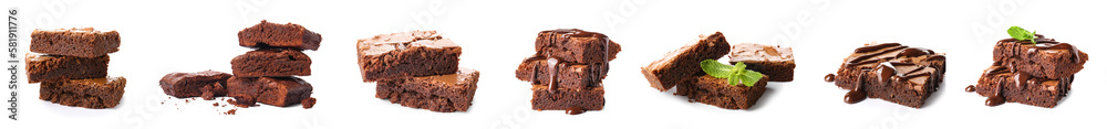 Collage of pieces of tasty chocolate brownie isolated on white