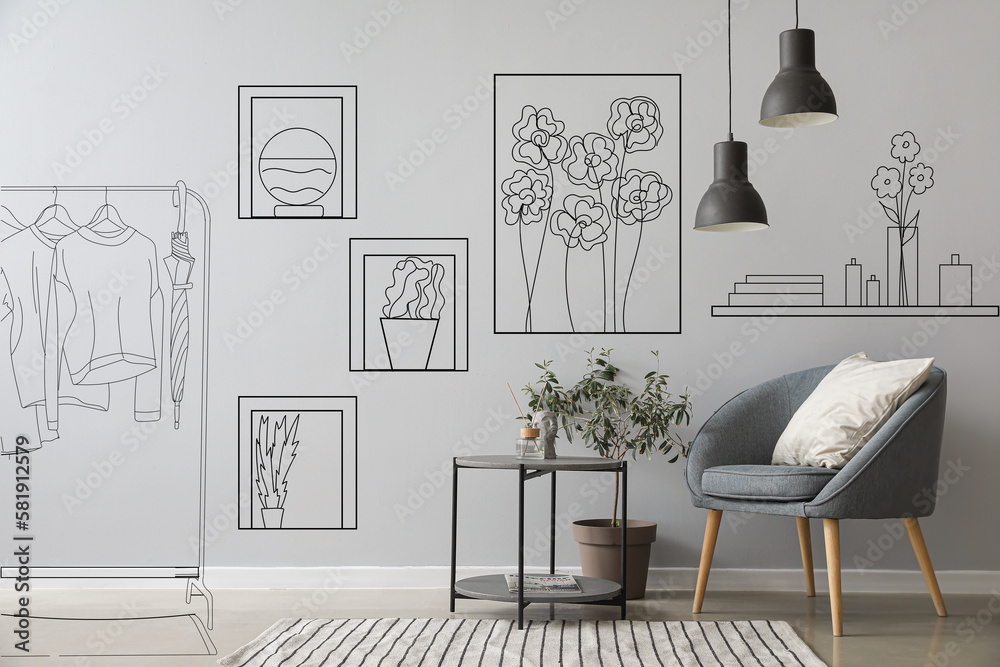 New interior of light living room with grey armchair and table