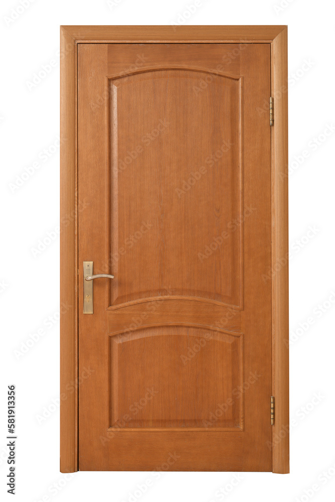 Closed wooden door on white background