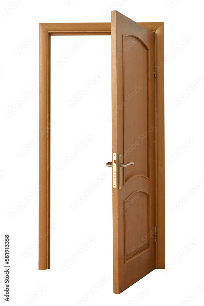 Open wooden door on white background