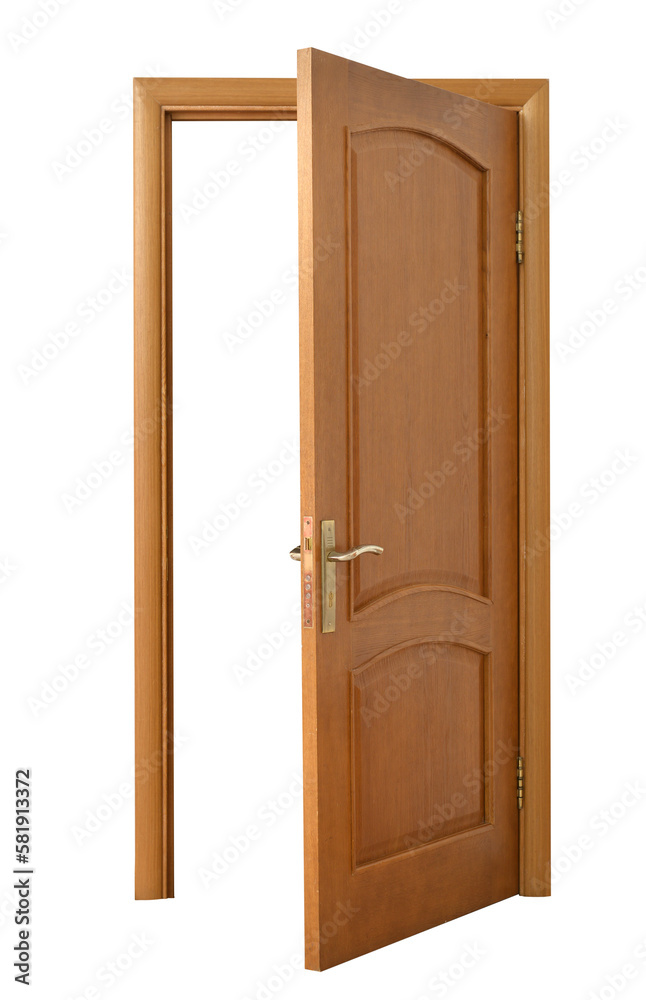 Open wooden door on white background