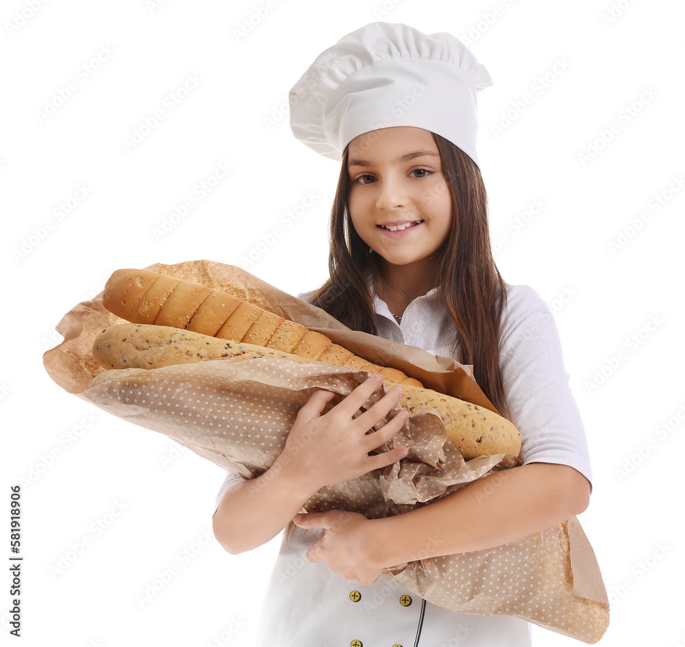 Little baker with fresh baguettes on white background