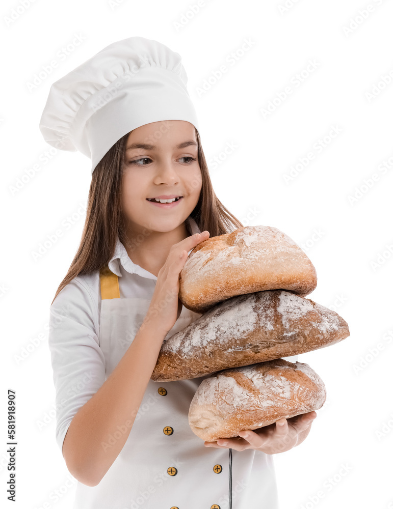 Little baker with loaves of fresh bread on white background