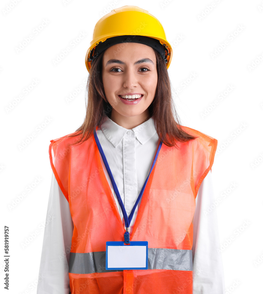 Female worker in vest and hardhat on white background