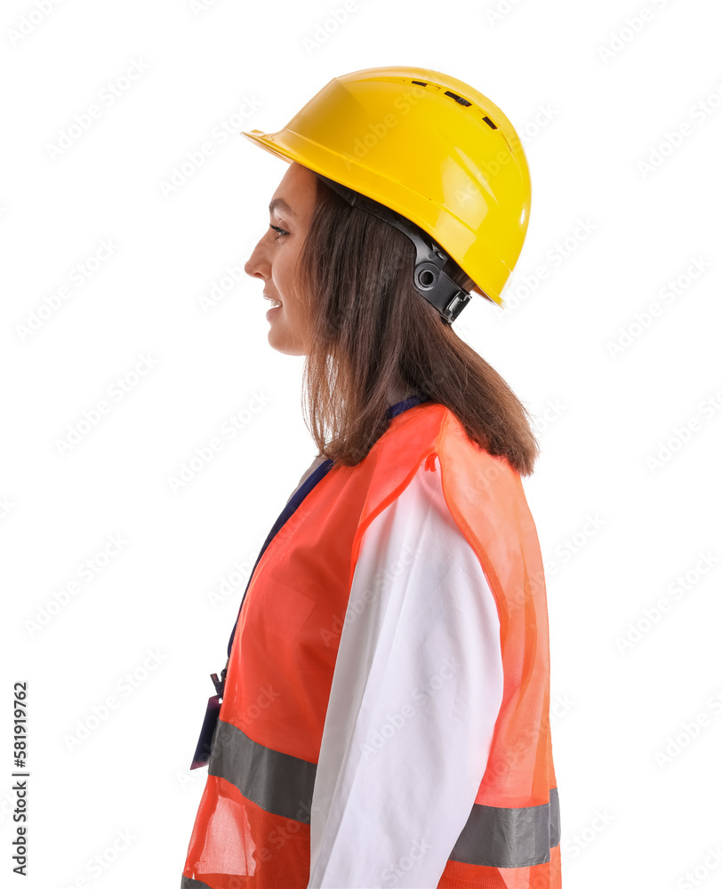 Female worker in vest and hardhat on white background