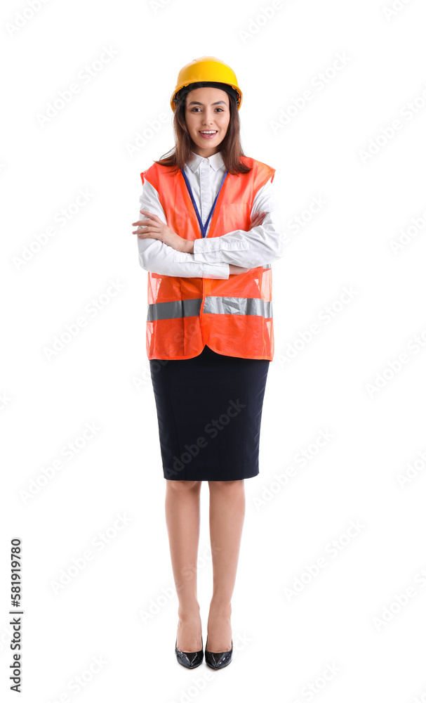 Female worker in vest and hardhat on white background