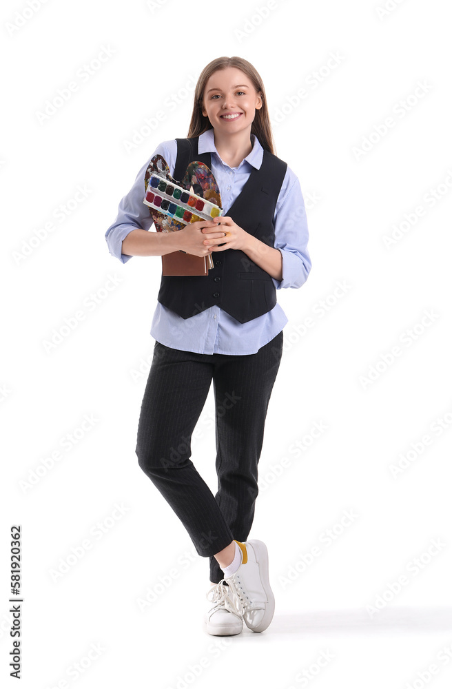 Drawing teacher with paint palette and books on white background