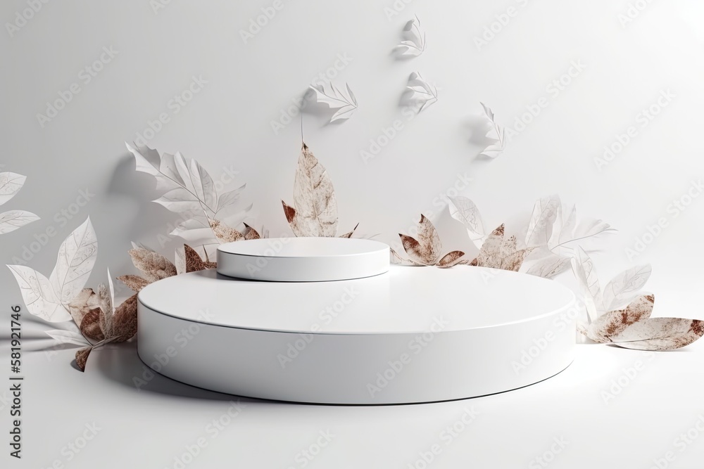 On a white background, a round podium in white with flying leaves appears. A natural podium for cosm