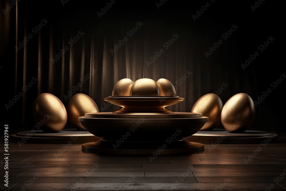 Golden Easter eggs, a product podium stage, and a black table with a spotlight. Product display mock