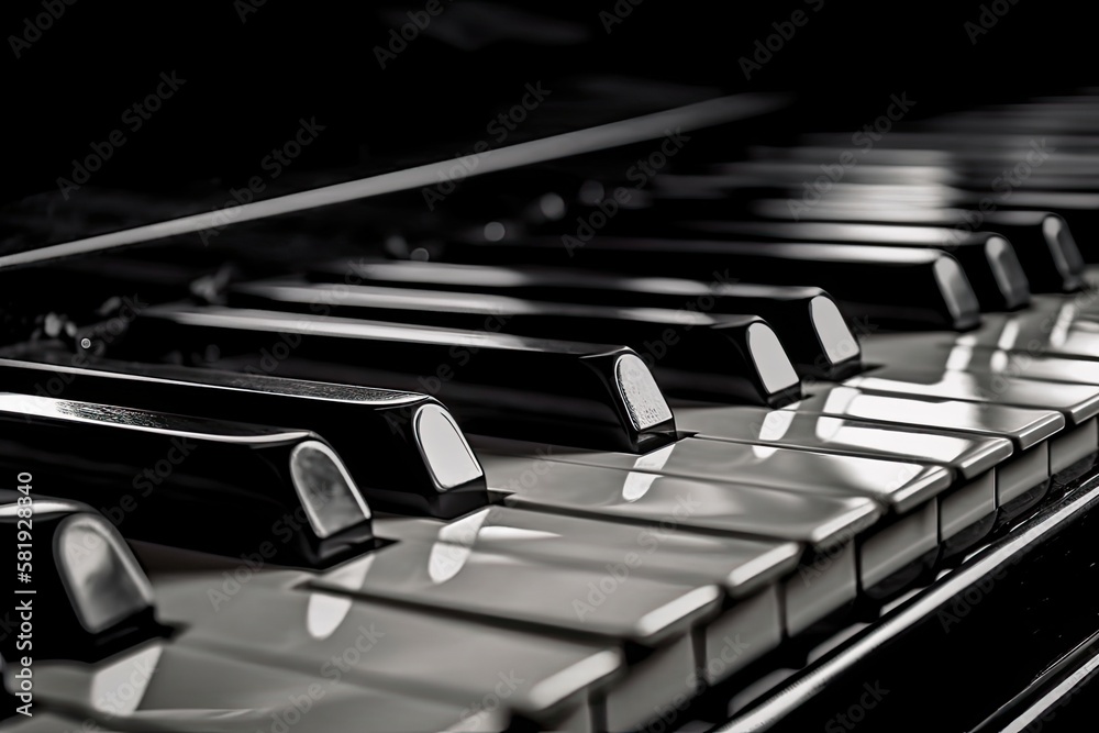 macro photography of a close up of piano keys in black and white. Generative AI