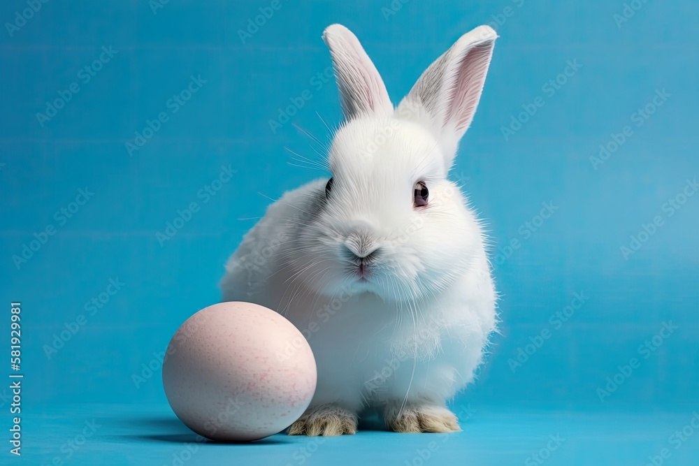 White Easter bunny holding an egg on a pink and blue background. Generative AI