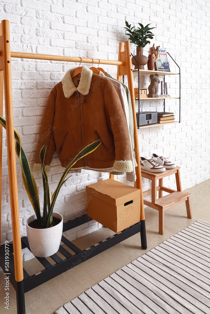 Interior of stylish hall with rack and shelf