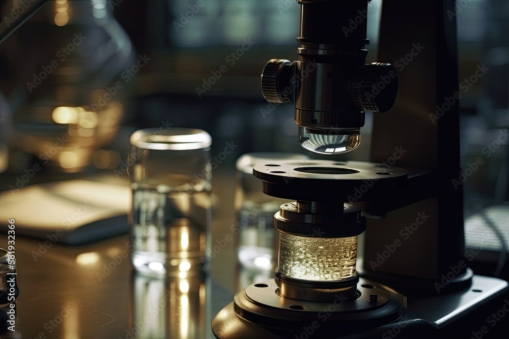 In a research facility, a test glass flask containing a solution and a microscope. background in sci