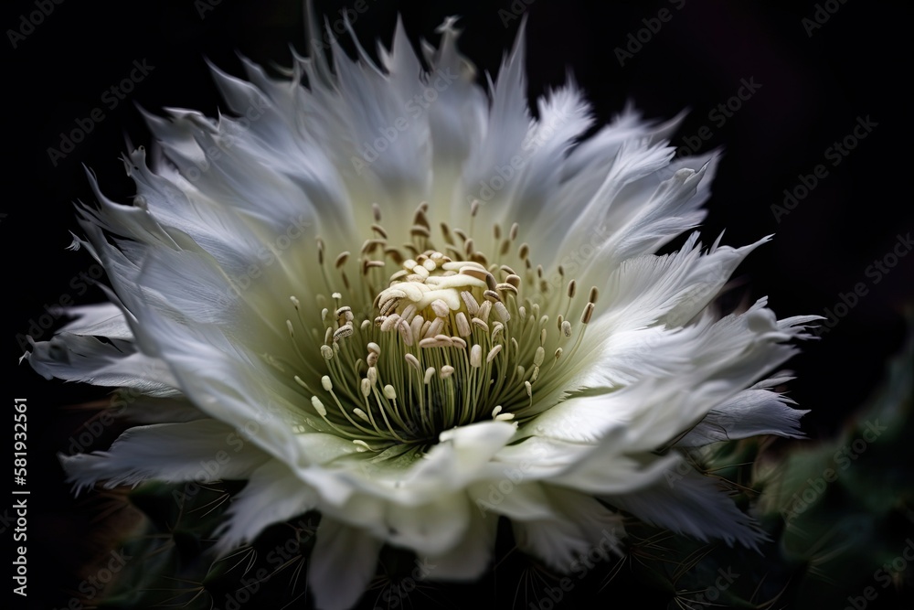 Macro shot of a big white flower head at the foot of a Dutchmans pipe at night. Generative AI