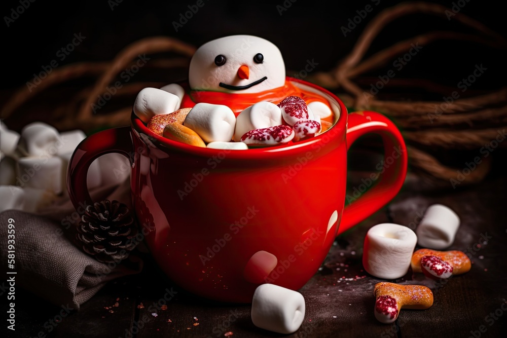 Red mug of hot chocolate with a snowman made of melted marshmallows. Generative AI