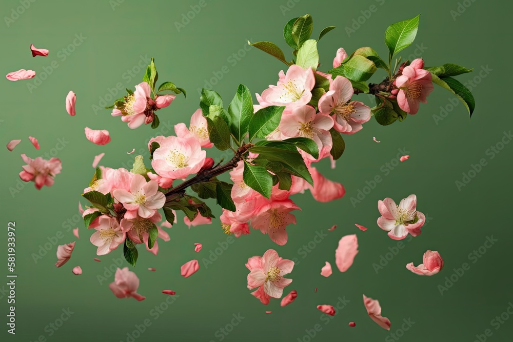 Isolated on a pink background, a fresh quince blossom with lovely pink blooms falling in the air. Le