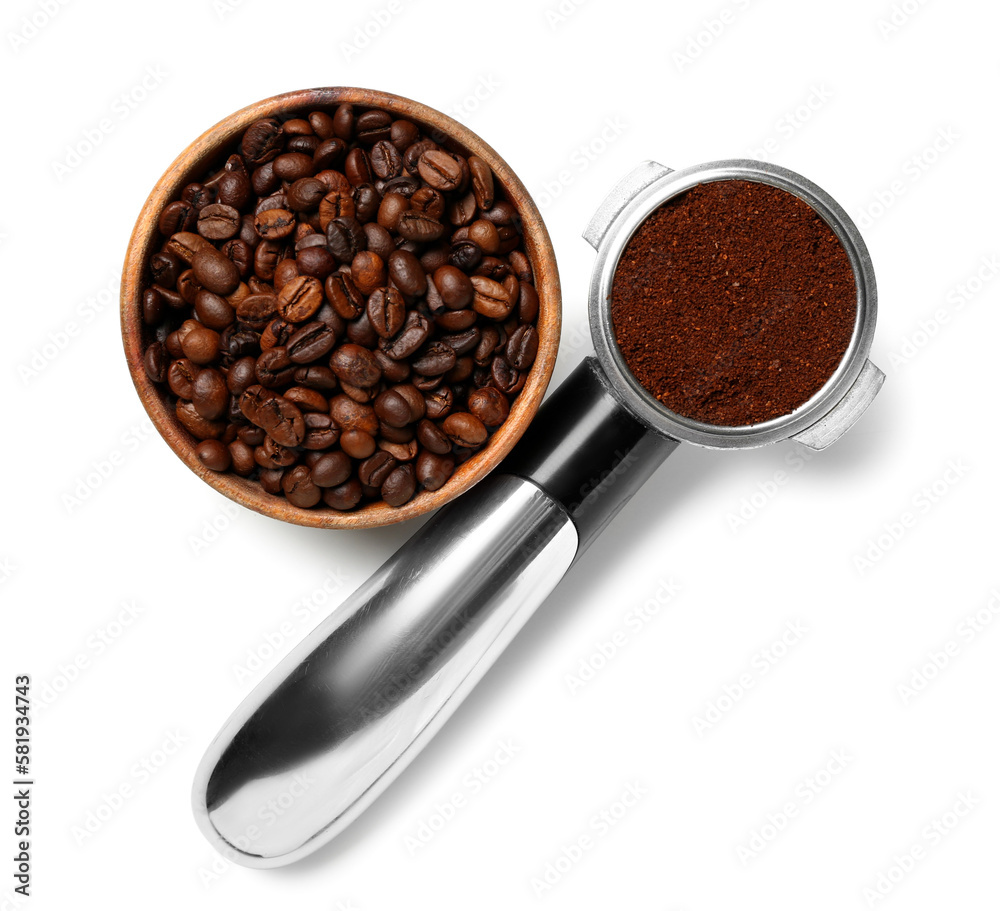 Portafilter and bowl with coffee powder and beans in bowl isolated on white background