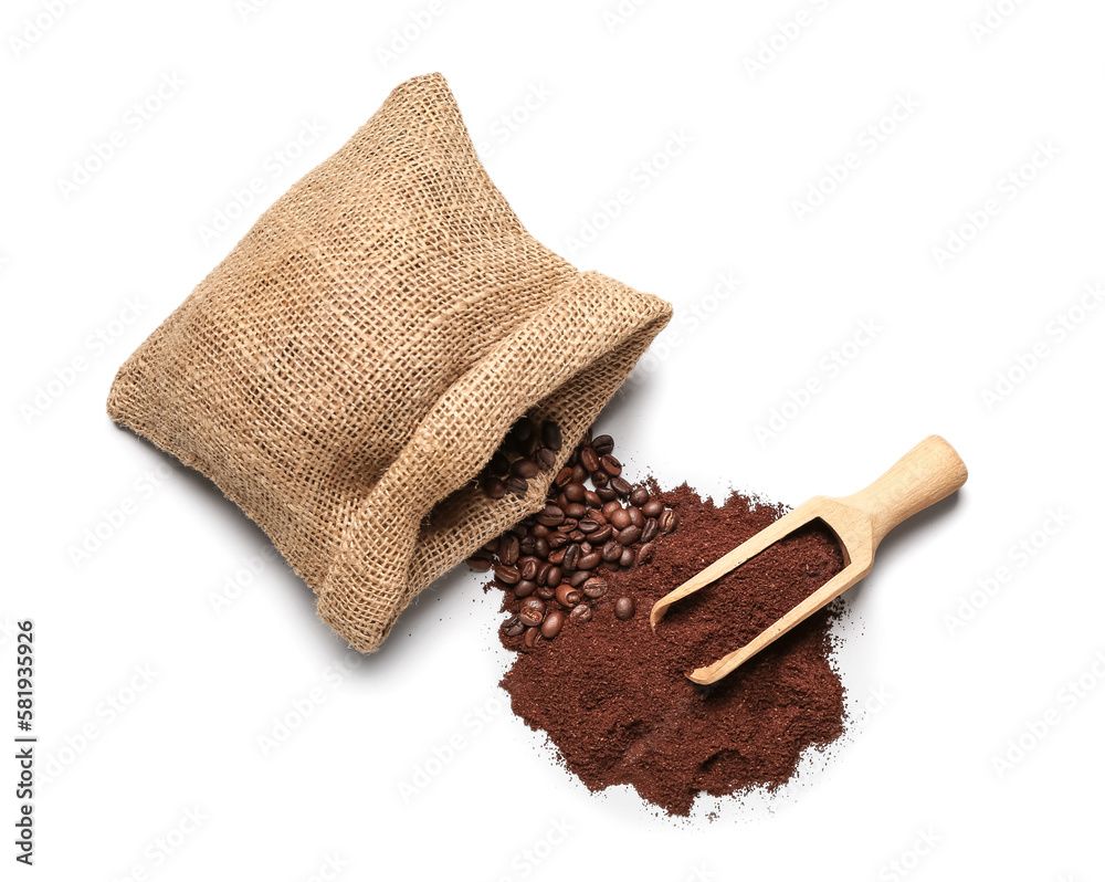 Bag with scoop, coffee powder and beans on white background