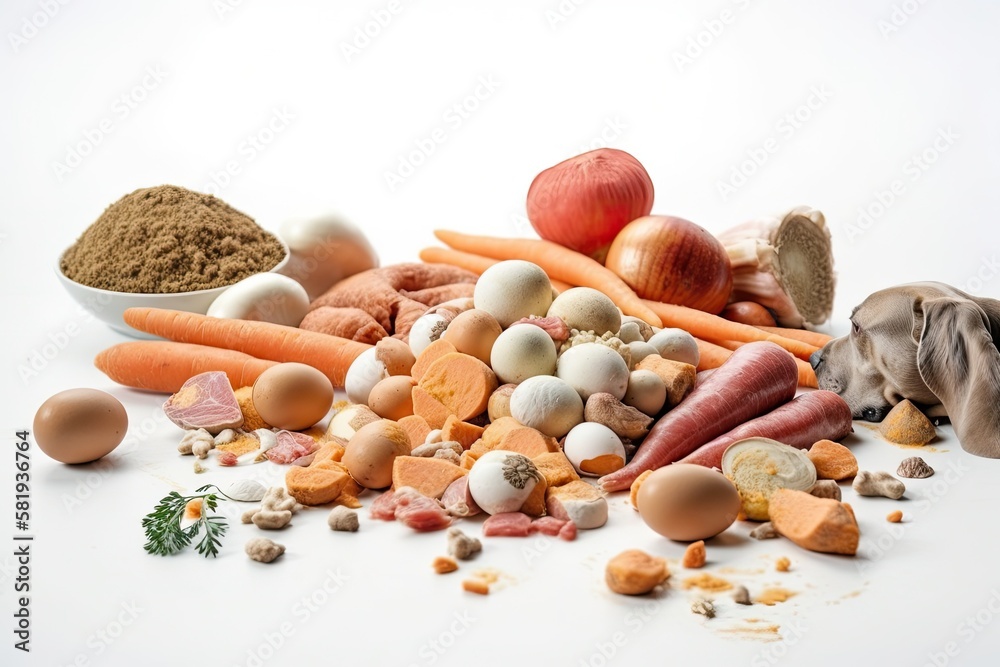 Natural Dog paws and raw organic dog food on a white backdrop. Canine BARF diet. eggs, vegetables, a