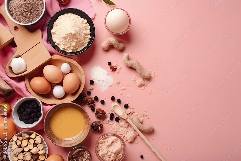 Food components for baking in a frame against a soft pink pastel background. flat lay of food with c