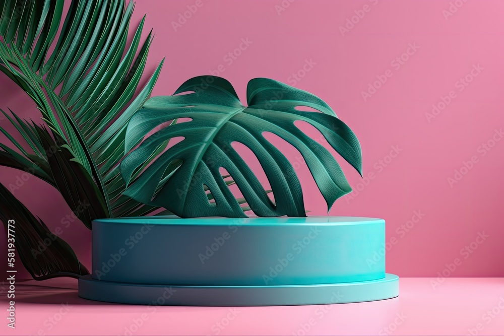 Tropical leaf on a blank product podium stand with a vibrant backdrop. summertime idea. Generative A