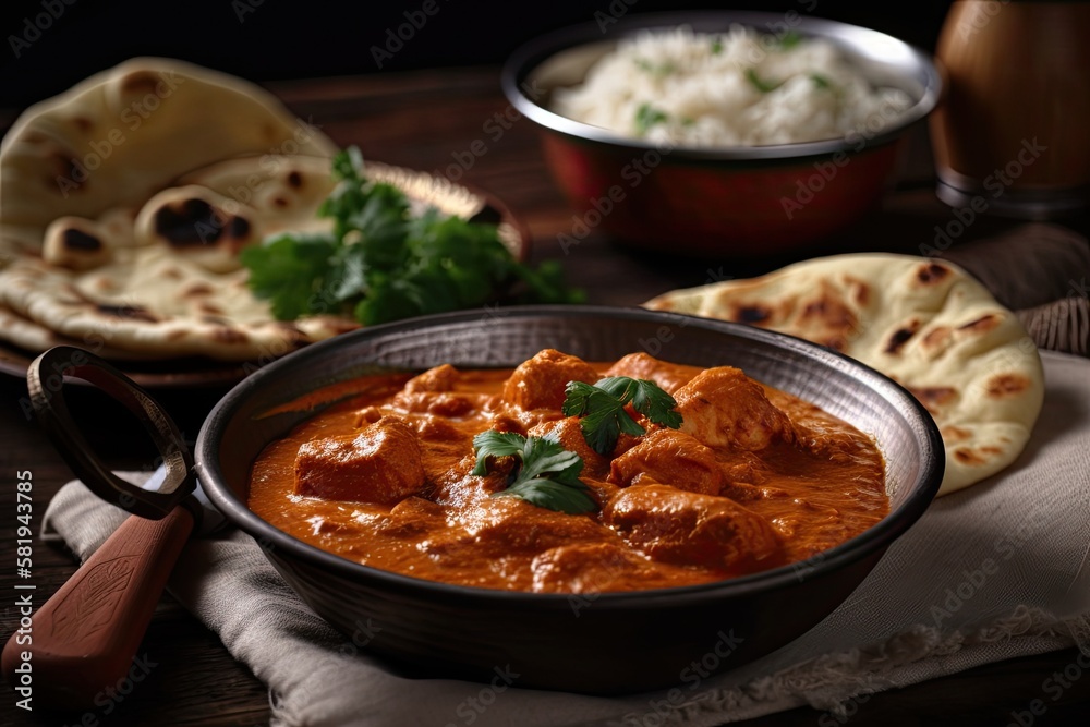 In earthenware dishes, Murgh Makhani or Butter Chicken Tikka Masala is served with roti, paratha, pl