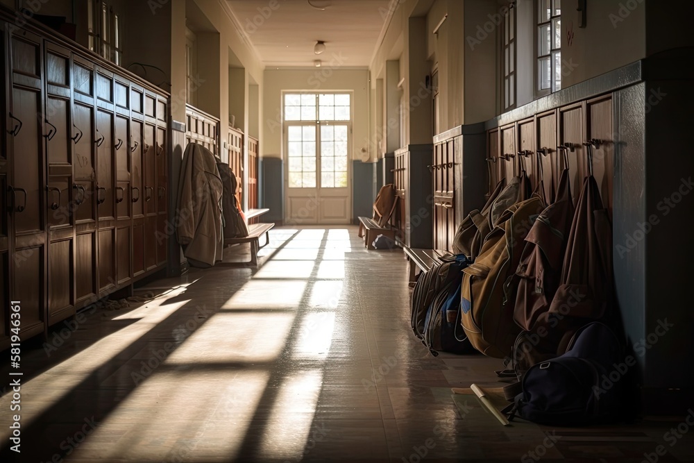 Empty hallway in the school, backpacks and bags on hooks, bright recreation room. Generative AI