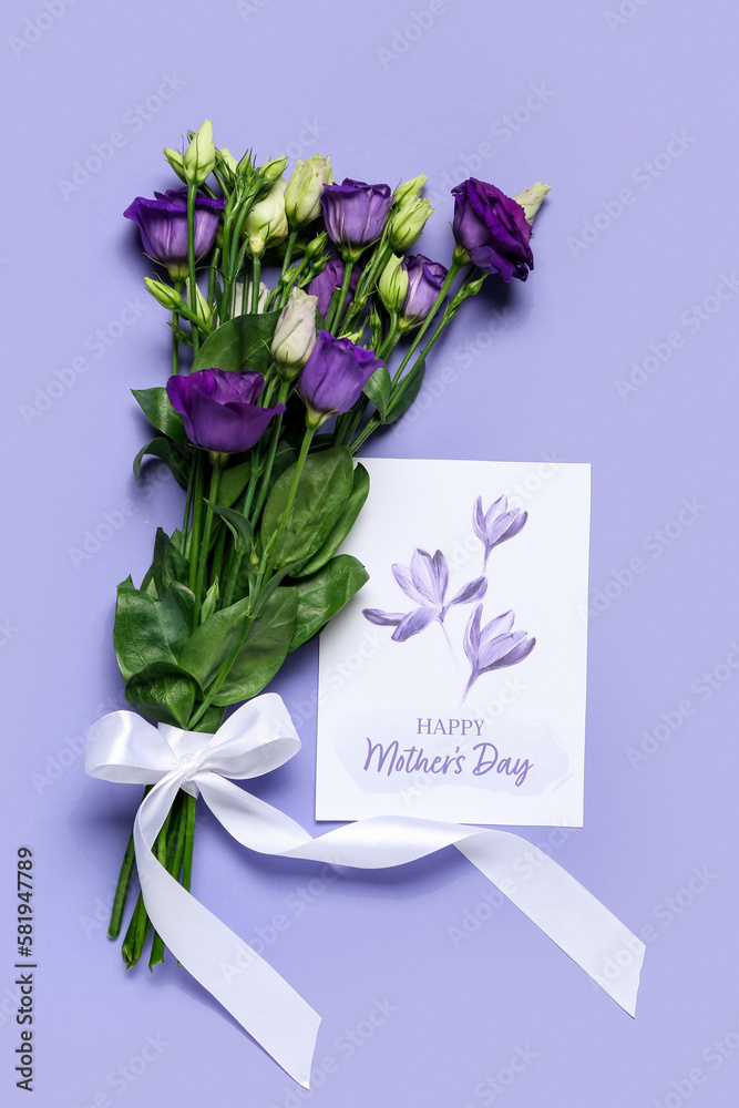 Card with text HAPPY MOTHERS DAY and bouquet of beautiful eustoma flowers on color background