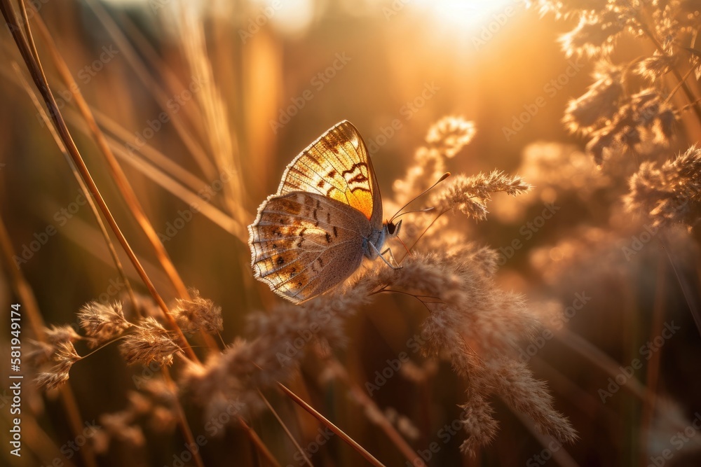 Golden butterfly glows in the sun at sunset, macro. Wild grass on a meadow in the summer in the rays