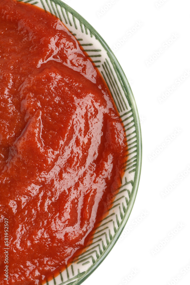 Bowl of tasty tomato paste isolated on white background